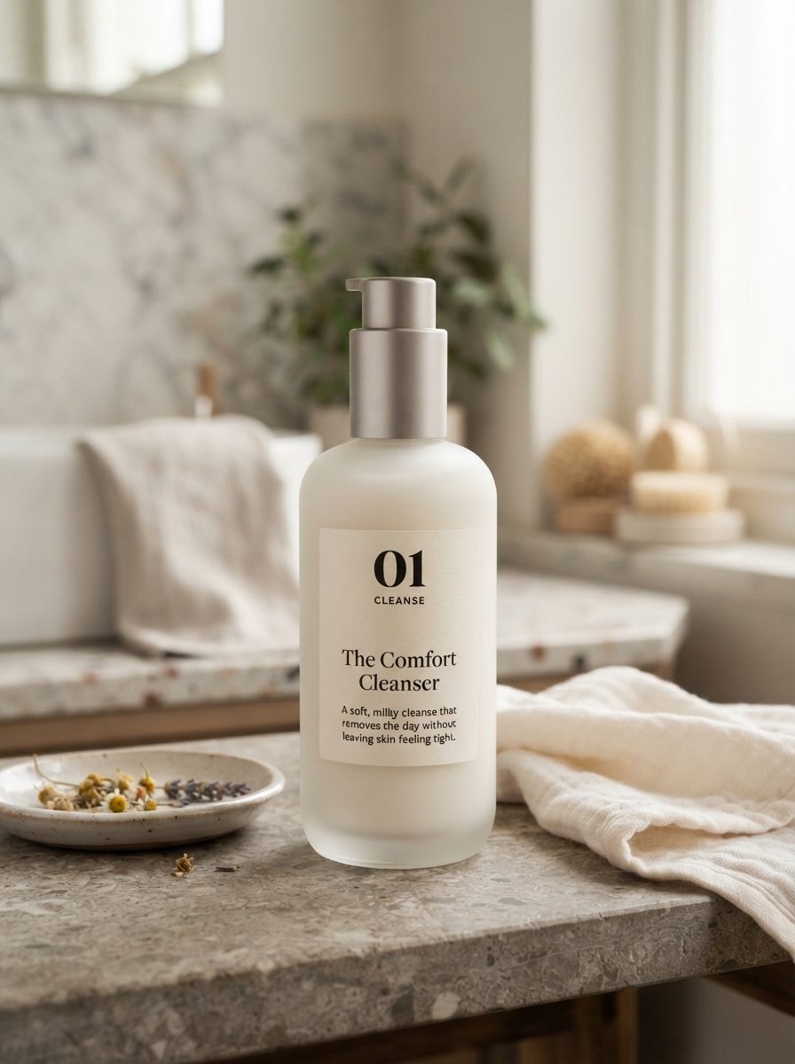 The Comfort Cleanser bottle in a calm bathroom setting