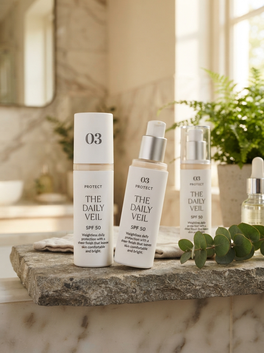 The Daily Veil SPF 50 products in a bright studio