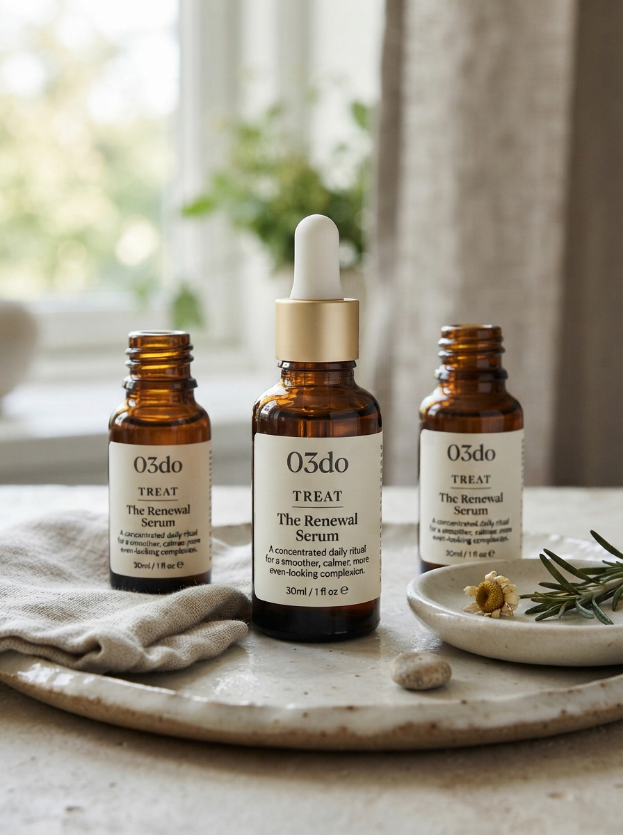 The Renewal Serum bottle on a ceramic tray